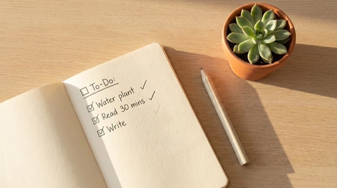 An open notebook with a short checked-off list beside a small succulent