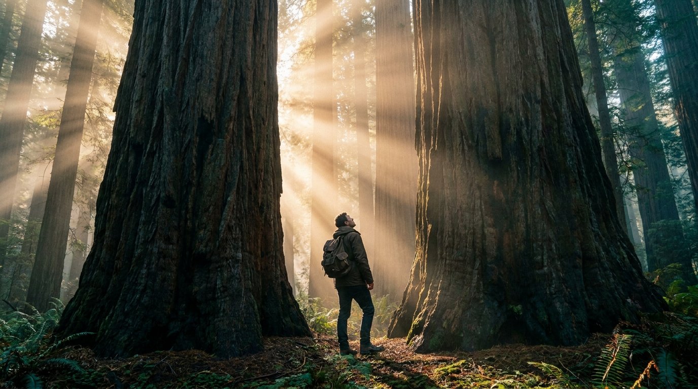 A hiker standing between giant redwoods in shafts of morning light