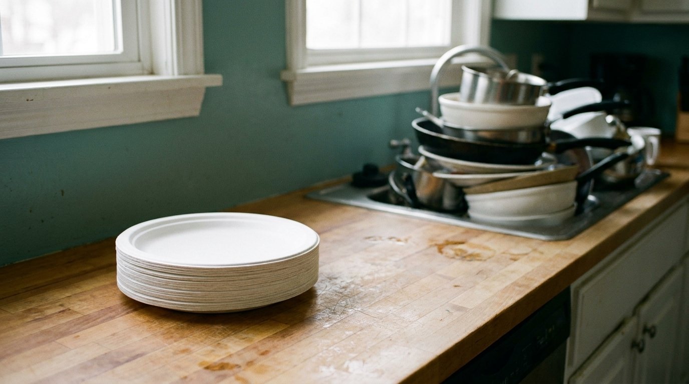 A stack of paper plates on a kitchen counter, with dirty dishes piled in the sink behind