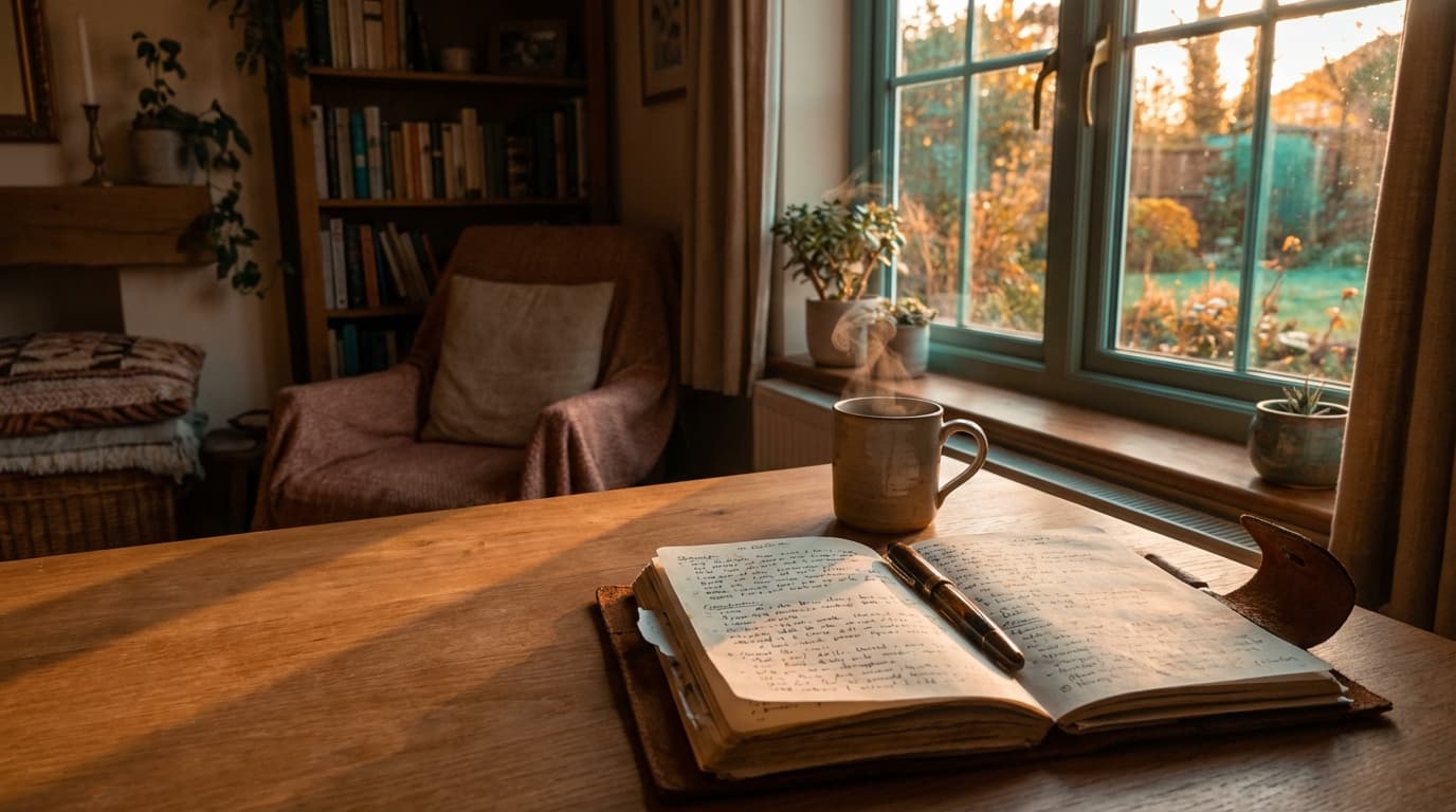 An open notebook on a wooden desk by a sunny window