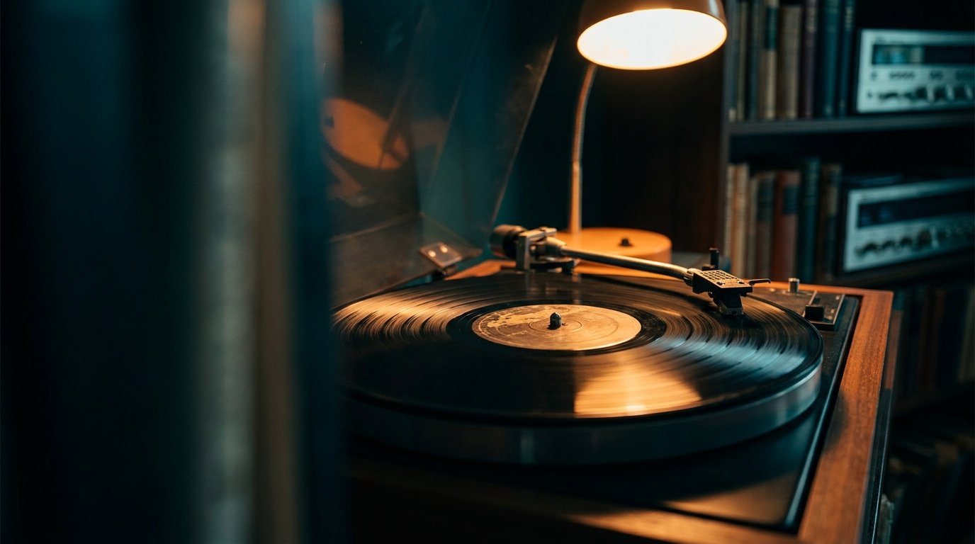 A record playing on a turntable under a desk lamp