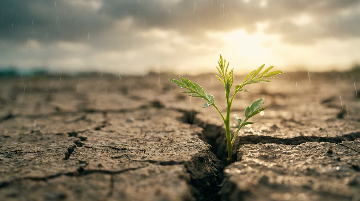 A green sprout growing from cracked dry earth