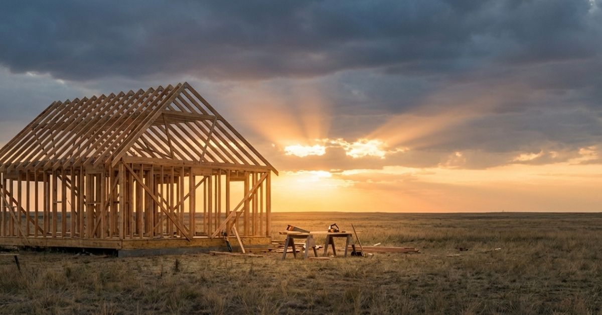 The timber frame of a house at sunset