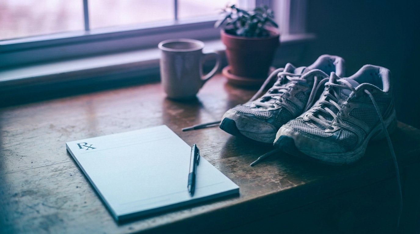 A blank prescription pad and pen on a desk beside a pair of worn running shoes in cool morning light