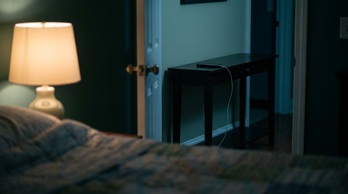 A phone charging face down on a hallway table at night, seen from a bed beside a lit lamp