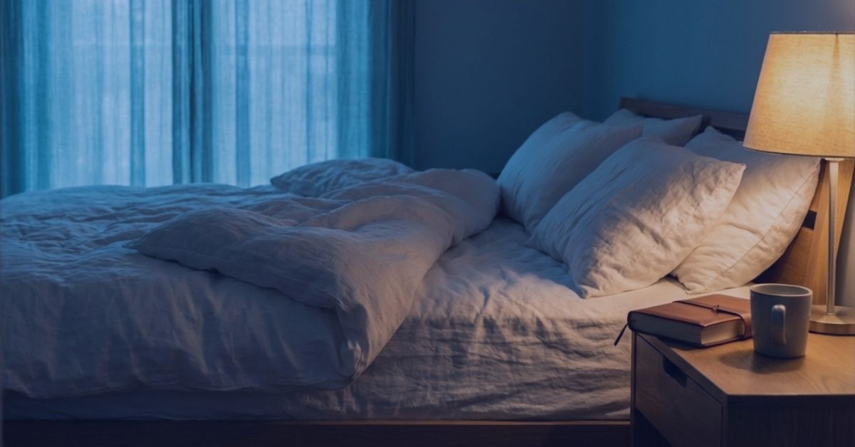 A bed with rumpled white sheets beside a lit bedside lamp