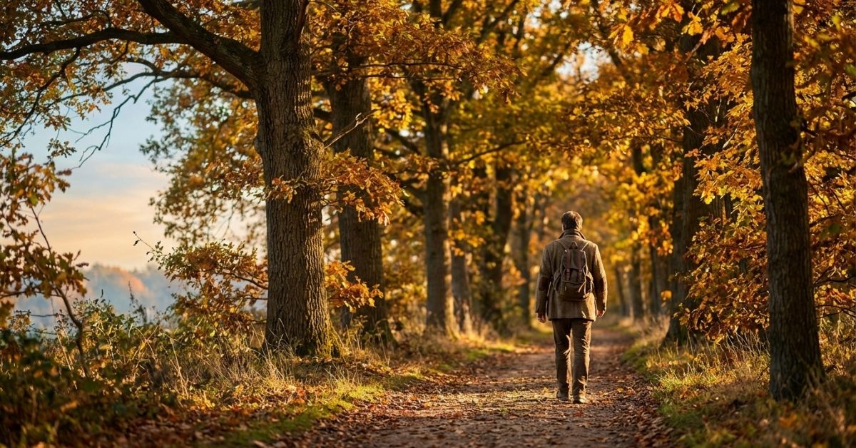 A person walking down an autumn path lined with trees